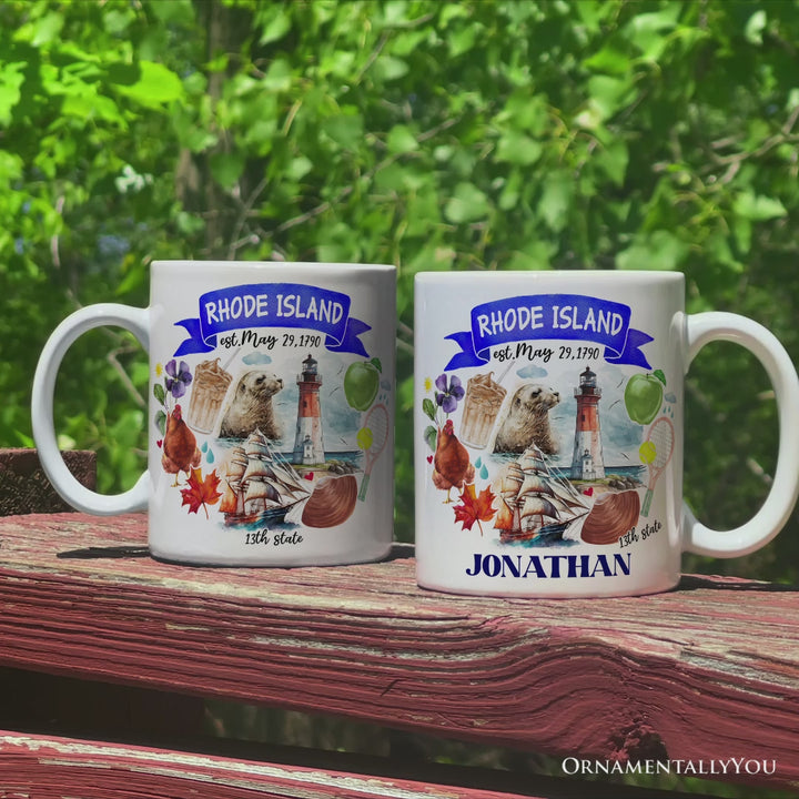 Artistic Rhode Island State Themes and Landmarks Personalized Mug With Custom Name