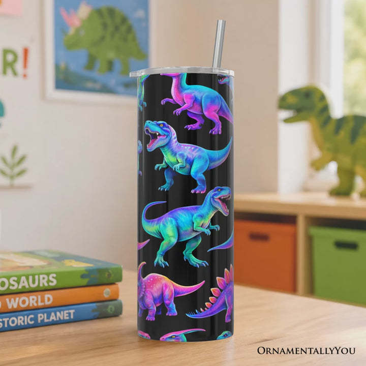 Neon Dinosaur Pattern 20oz Personalized Tumbler With Lid and Stainless Steel Straw, Colorful Prehistoric Gift Cup