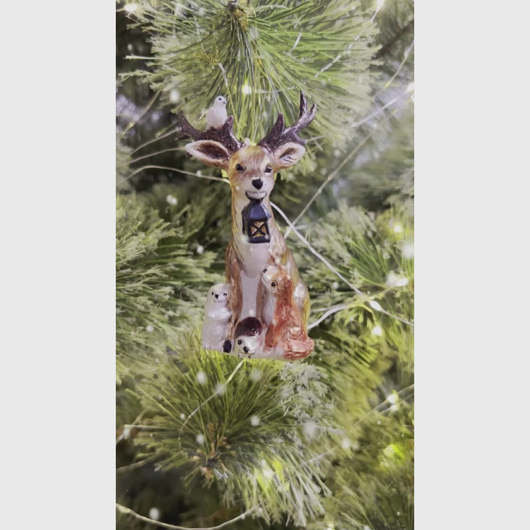 (Pre-Order) Deer with Lantern Glass Christmas Ornament, Woodland Animal Tree Decor