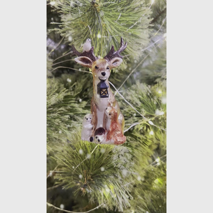 (Pre-Order) Deer with Lantern Glass Christmas Ornament, Woodland Animal Tree Decor