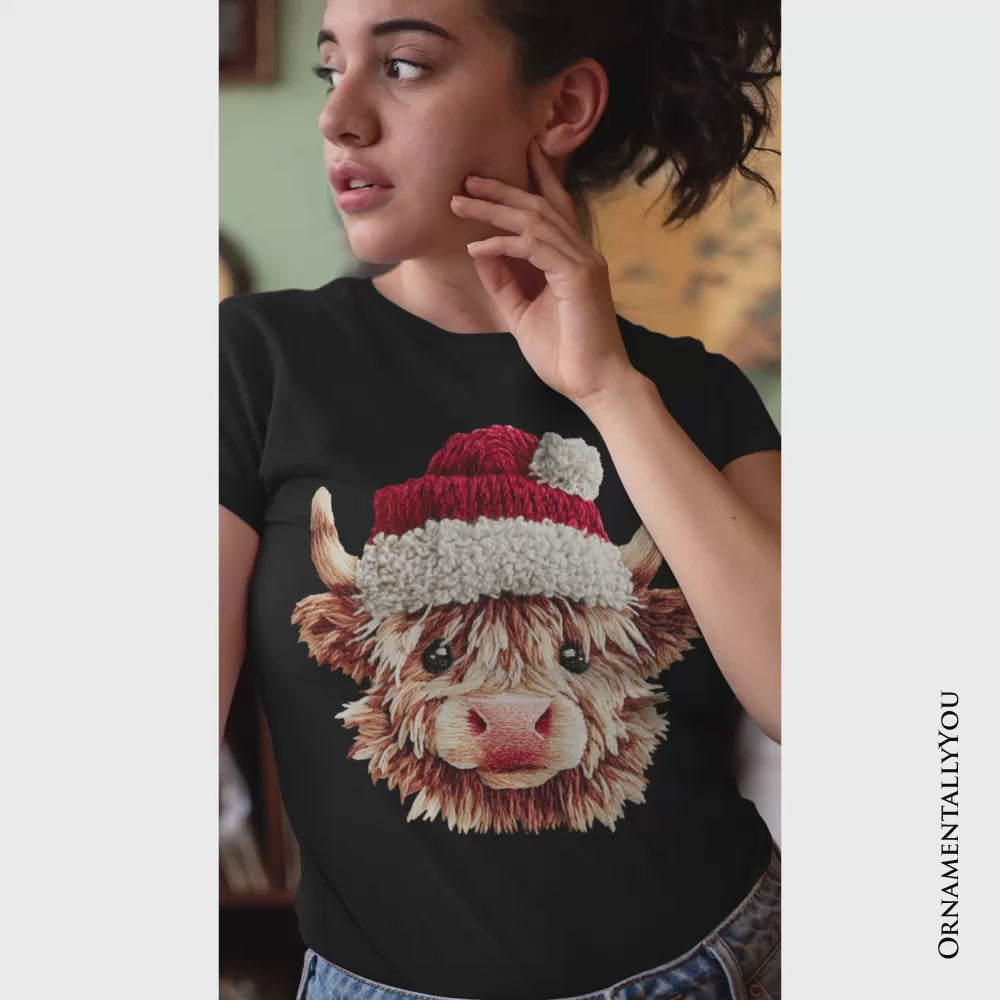 Highland Cow Santa Hat Christmas T-Shirt, Imitation Latch Hook Yarn Cozy Tee