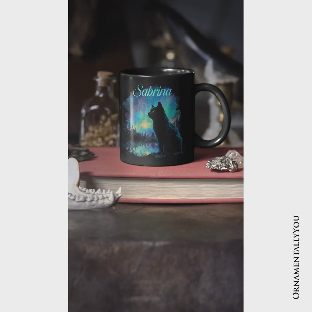 Mystic Aurora Cat Personalized Mug, Northern Lights Feline Gift with Custom Name