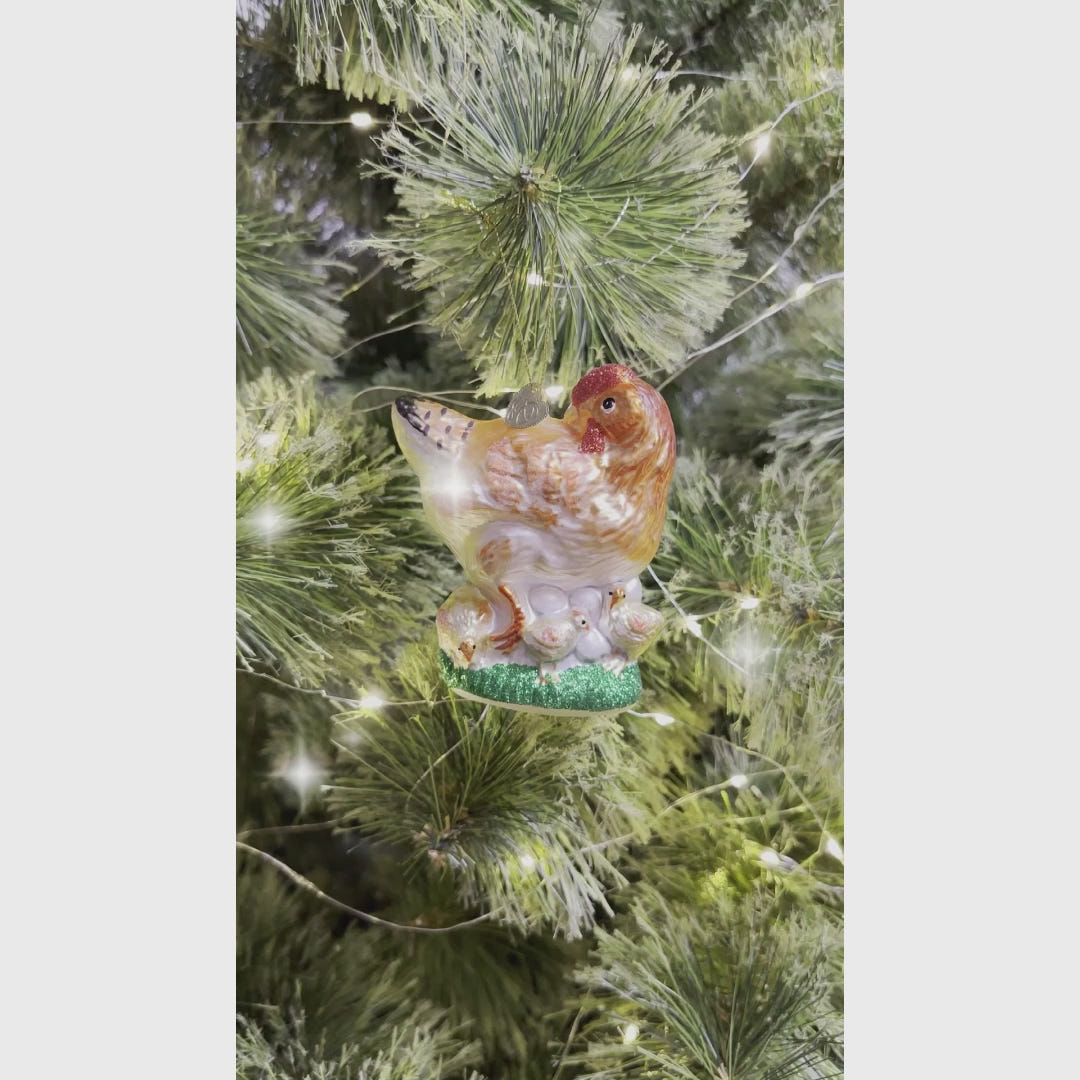 Chicken and Baby Chicks Glass Ornament