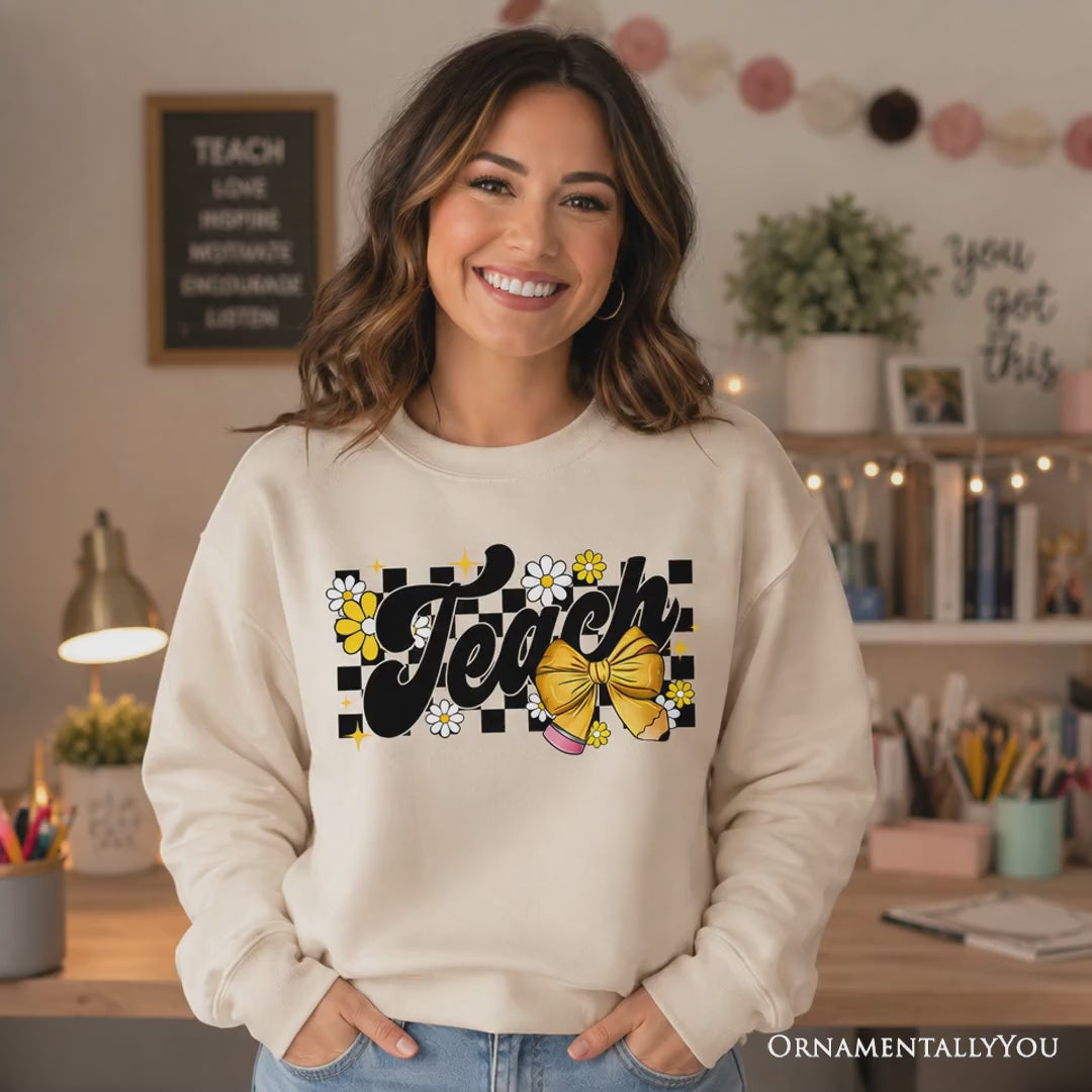 Teach Checkered Coquette Bow Sweatshirt, Retro Sweater for Trendy Teachers