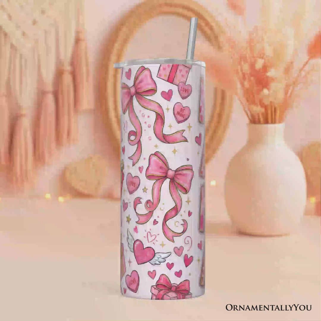 Valentine Mama Coquette Bow 20oz Personalized Tumbler With Lid and Stainless Steel Straw, Charming Pink Love Pattern Gift Cup