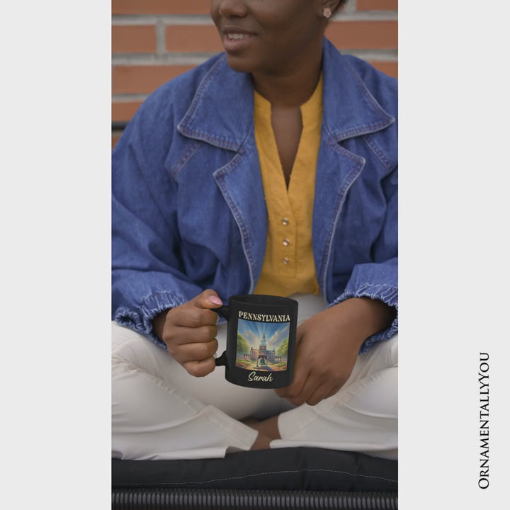 Historic Liberty Bell and Independence Hall Pennsylvania State Personalized Mug, Colonial Landmark Gift and Travel Souvenir with Custom Name