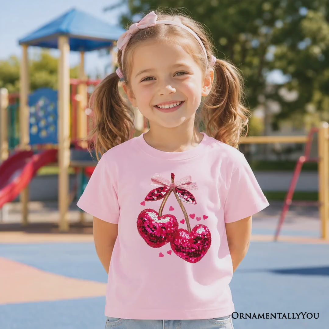 Kids Sequin Pink Cherry Heart Valentine T-Shirt, Mood for Love Coquette Tee for Youth Girls