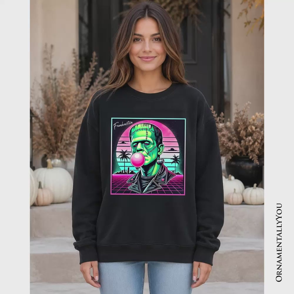 Vaperwave Frankenstein Retro Neon Horror Sweatshirt, Synthwave 80's Styled Classic Halloween Sweater