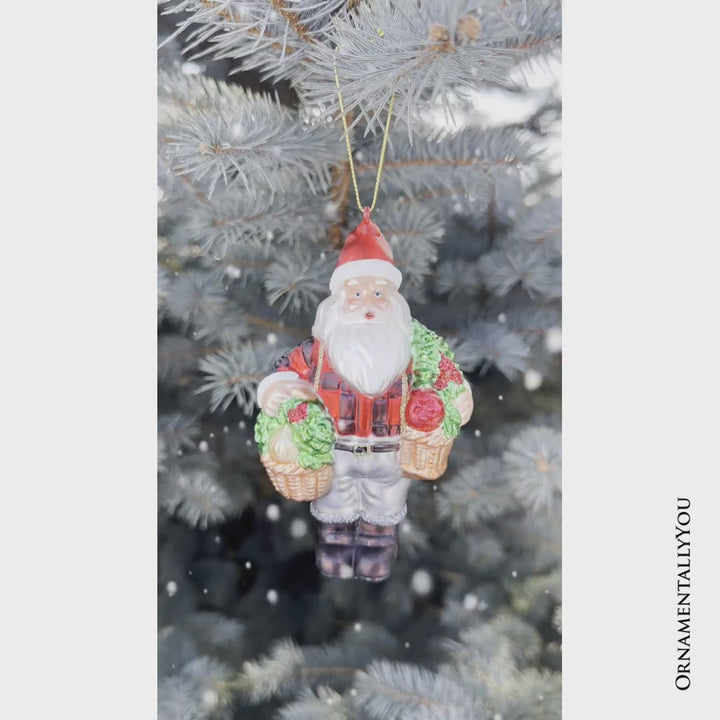 Wholesome Santa the Vegetable Farmer Glass Christmas Ornament, Farm Style Holding Potatoes, Lettuce, and Tomatoes