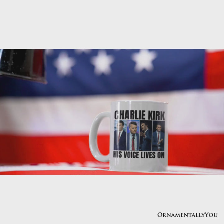His Voice Lives On Charlie Kirk Graphic Mug, Women or Men Patriotic Republican Gift