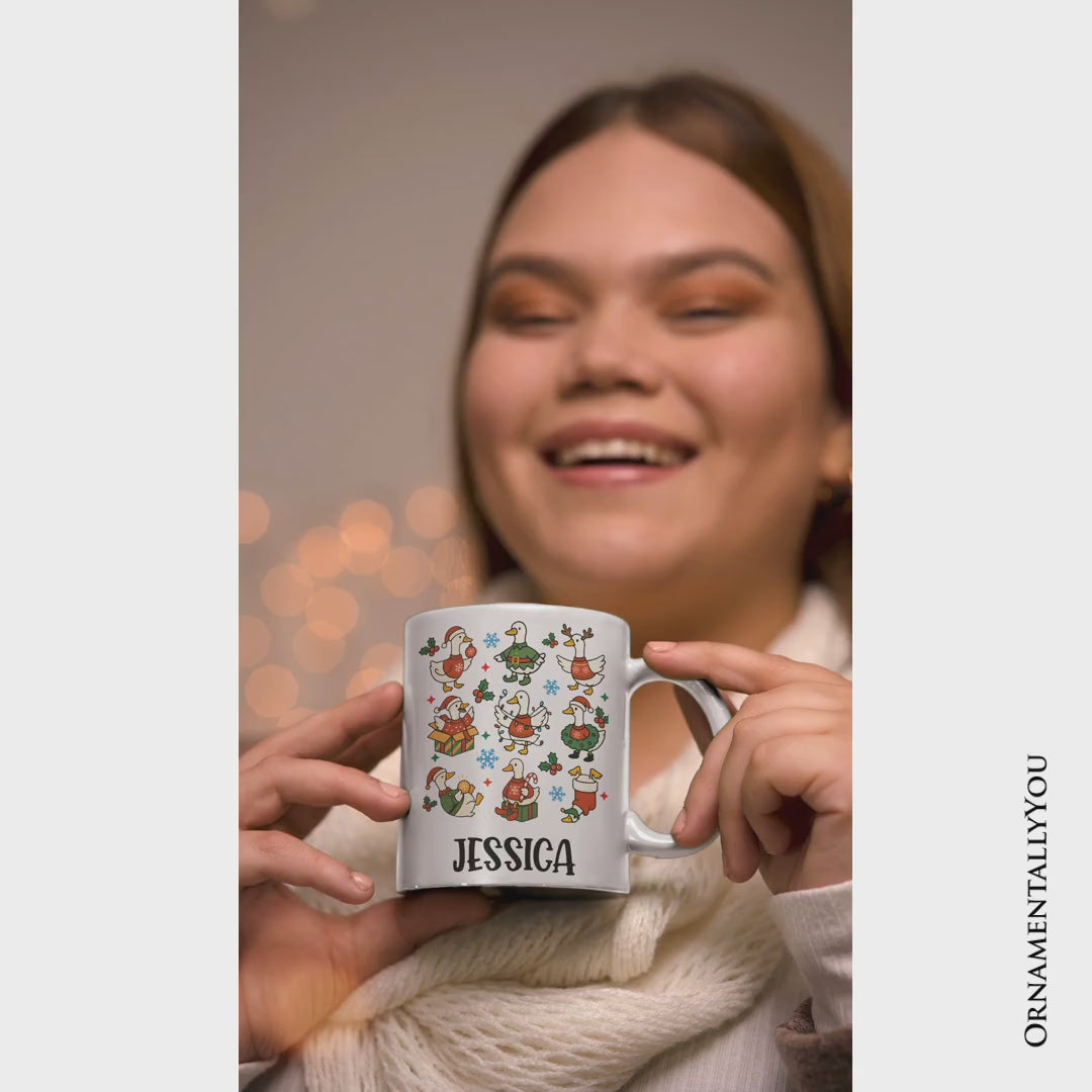 Just a Jolly Goose Christmas Personalized Mug, Holiday Geese Santa Festive Gift with Custom Name