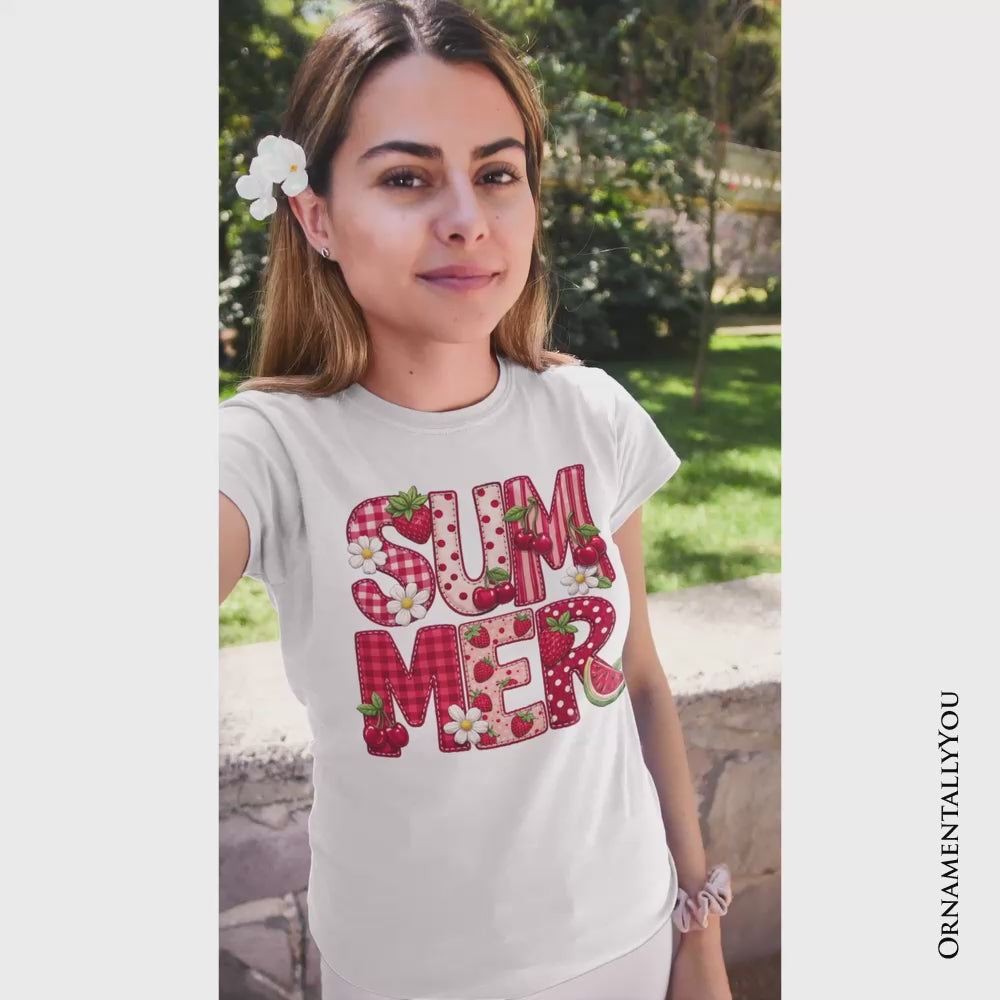 Strawberry Cherry Printed Faux Patchwork T-Shirt, Summer Fruit Picnic Tee