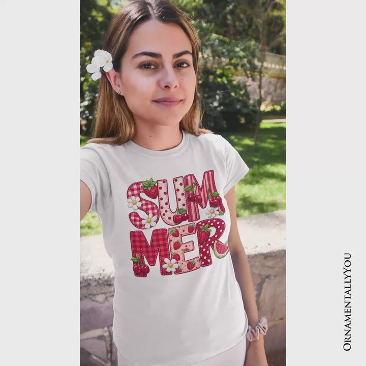 Strawberry Cherry Printed Faux Patchwork T-Shirt, Summer Fruit Picnic Tee