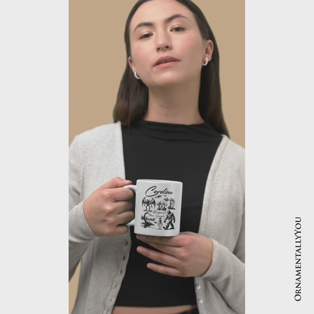 Respect The Local Cryptid Squad Personalized Mug, Funny Bigfoot Alien Mothman Meme Gift with Custom Name