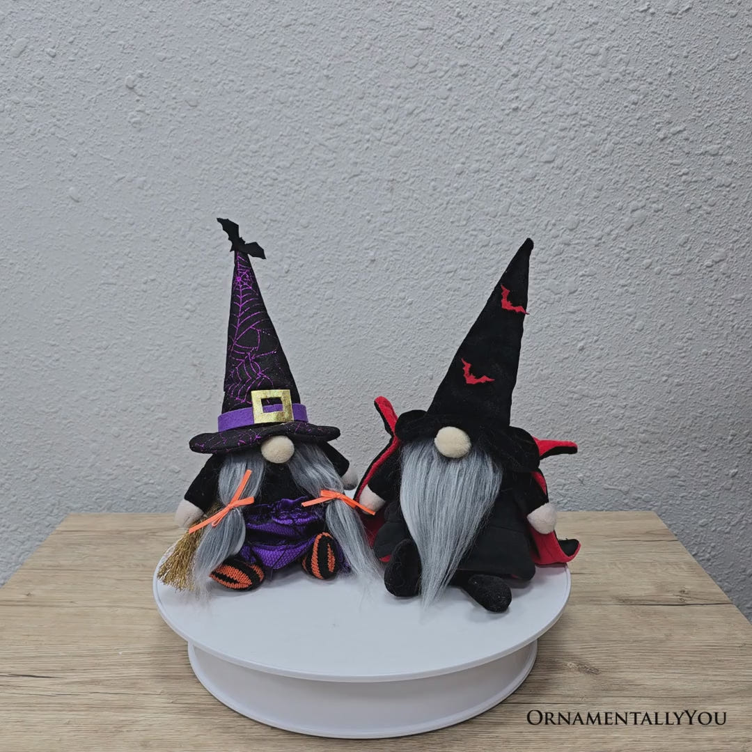 Midnight Magic Plush Gnome Set of 2, Gothic Witch and Vampire 10" Halloween Decor