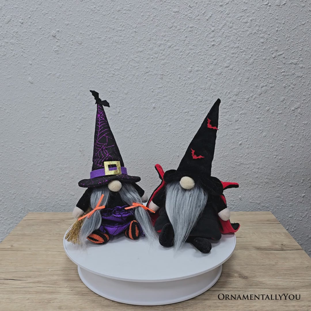 Midnight Magic Plush Gnome Set of 2, Gothic Witch and Vampire 10" Halloween Decor