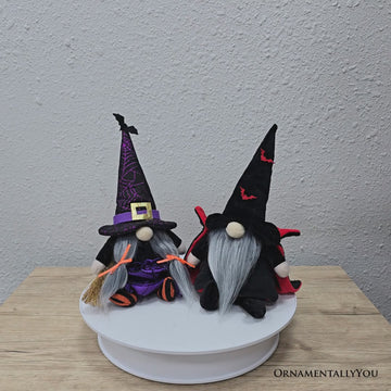 Midnight Magic Plush Gnome Set of 2, Gothic Witch and Vampire 10" Halloween Decor