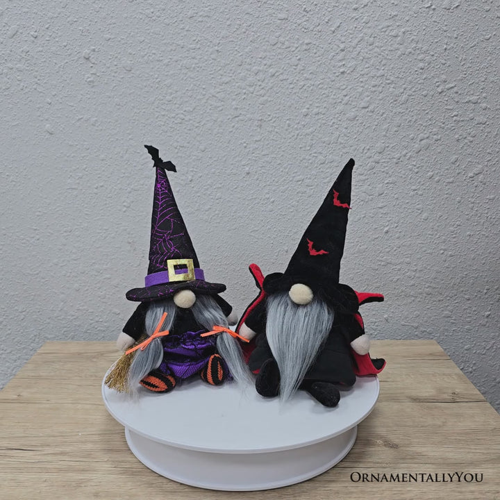 Midnight Magic Plush Gnome Set of 2, Gothic Witch and Vampire 10" Halloween Decor