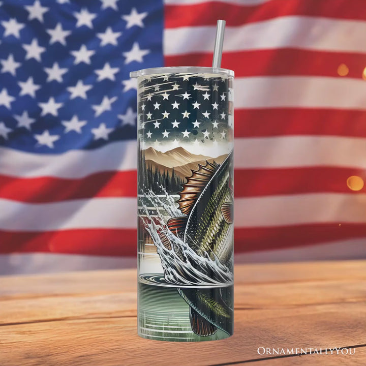 Patriotic Bass Fishing 20oz Personalized Tumbler With Lid and Stainless Steel Straw, Retro Angler Gift Cup