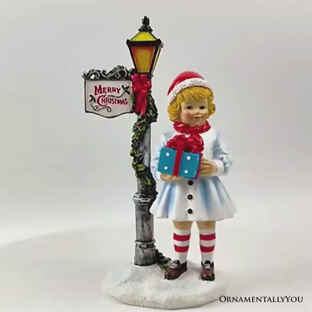 Victorian Style Christmas Girl and Street Lamp Tabletop Figurine, 8" Vintage Holiday Statue of a Gift Carrying Belle