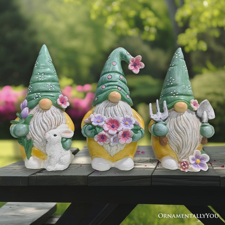 Garden Guardians Set of Three 6" Gardening Gnome Figurines, Floral Green and Yellow Statue Decor