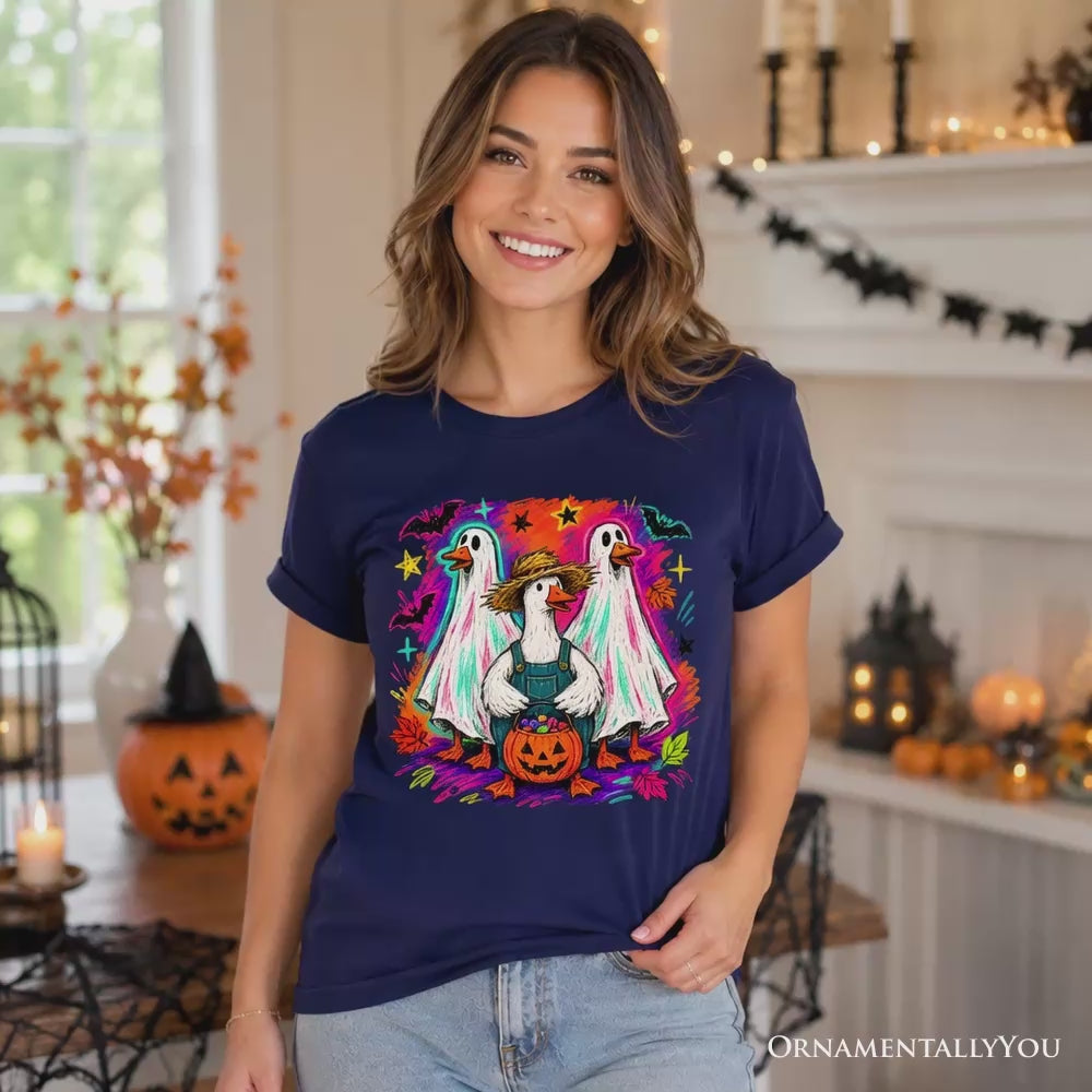 Trick or Treat Geese T-Shirt, Colorful Halloween Ghost Costume Tee