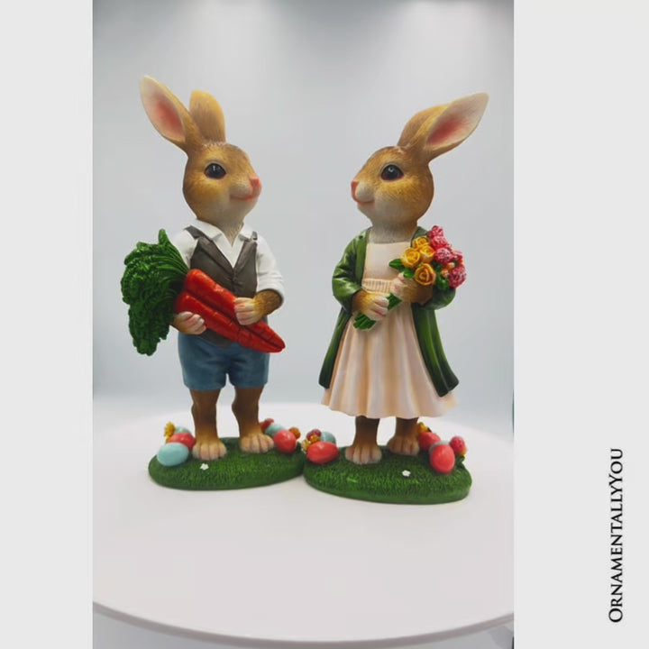 Harvest and Bloom Country Bunny Pair Figurine, 8" Rabbit Garden Statue Set