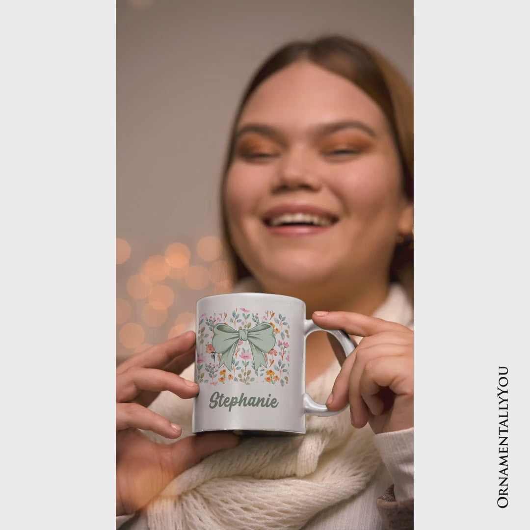 Floral Coquette Bow Personalized Mug, Cute Spring Preppy Girly Flowers Gift with Custom Name