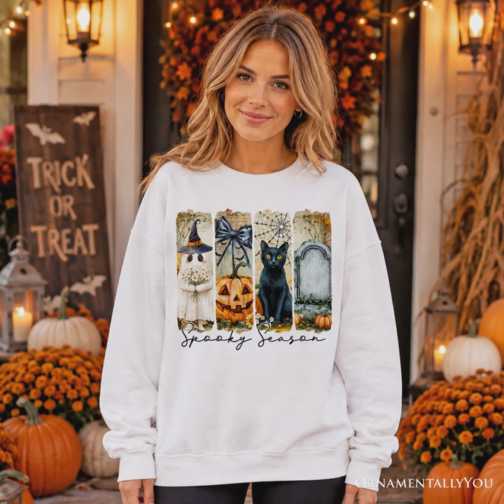 Fall Spooky Season Brushstroke Sweatshirt, Coquette Vintage Ghost, Cat and Pumpkin Sweater