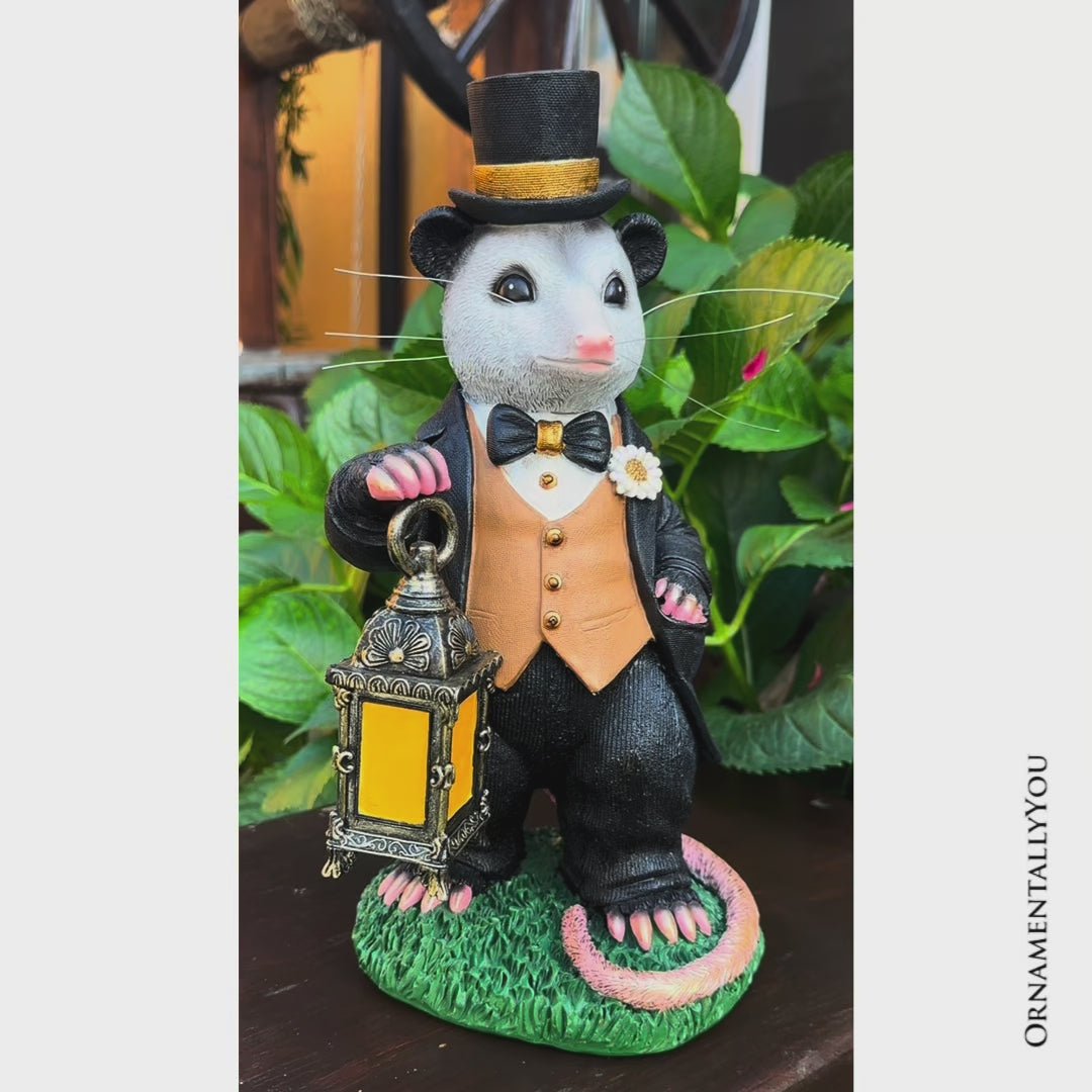 (Pre-Order) Gentleman Opossum the Victorian Nightcrawler with Solar Powered Lamp Statue, 13" Lighted Garden Statue