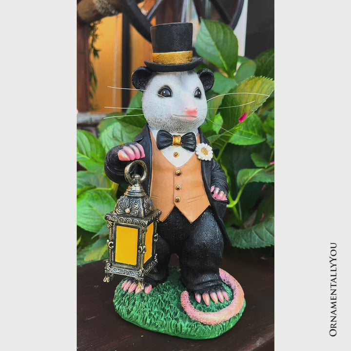 (Pre-Order) Gentleman Opossum the Victorian Nightcrawler with Solar Powered Lamp Statue, 13" Lighted Garden Statue