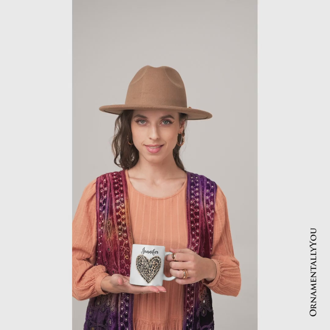 Leopard Heart Valentine Personalized Mug, Watercolor Love Gift with Custom Name