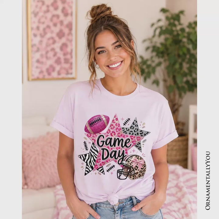 Leopard Pink Stars Football T-Shirt, Coquette Game Day Tee