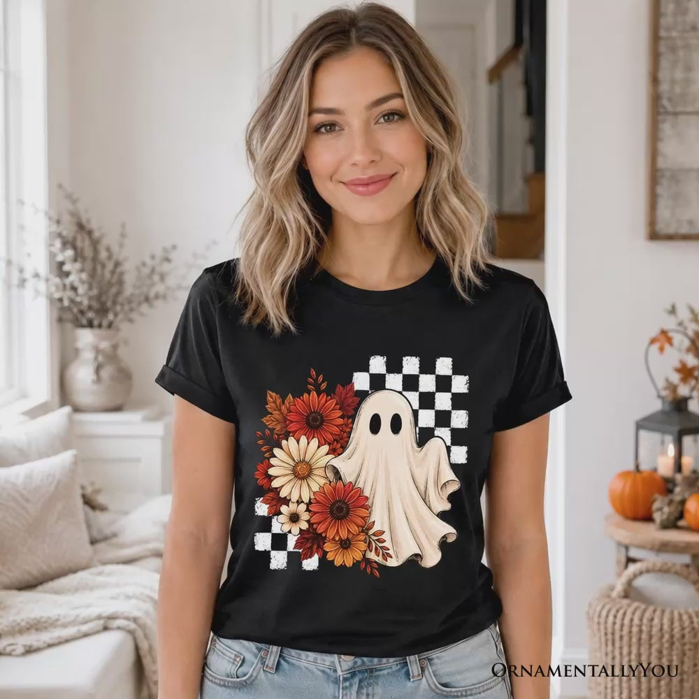 Checkered Floral Ghost T-Shirt, Vintage Fall Halloween Daisy Tee