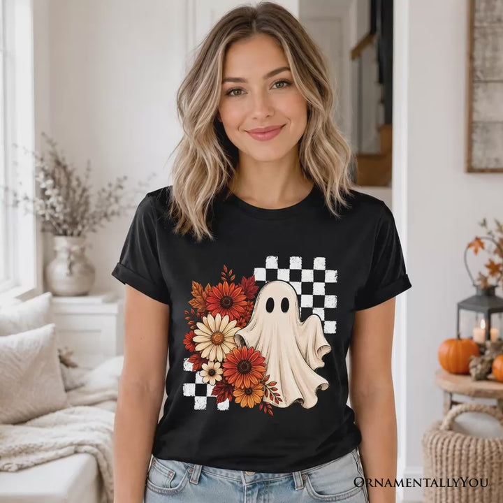 Checkered Floral Ghost T-Shirt, Vintage Fall Halloween Daisy Tee