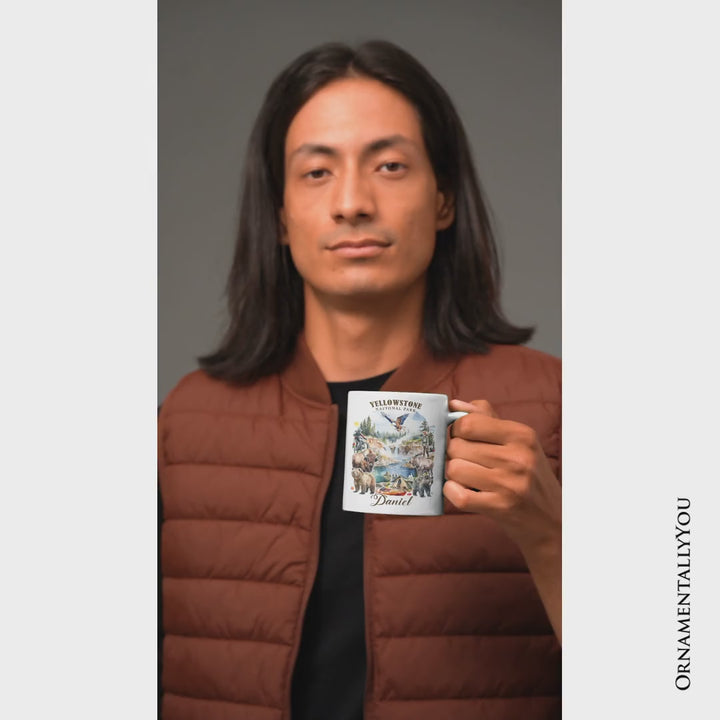 Artistically Vibrant Yellowstone National Park Personalized Mug, Wildlife and Nature Gift and Souvenir with Custom Name