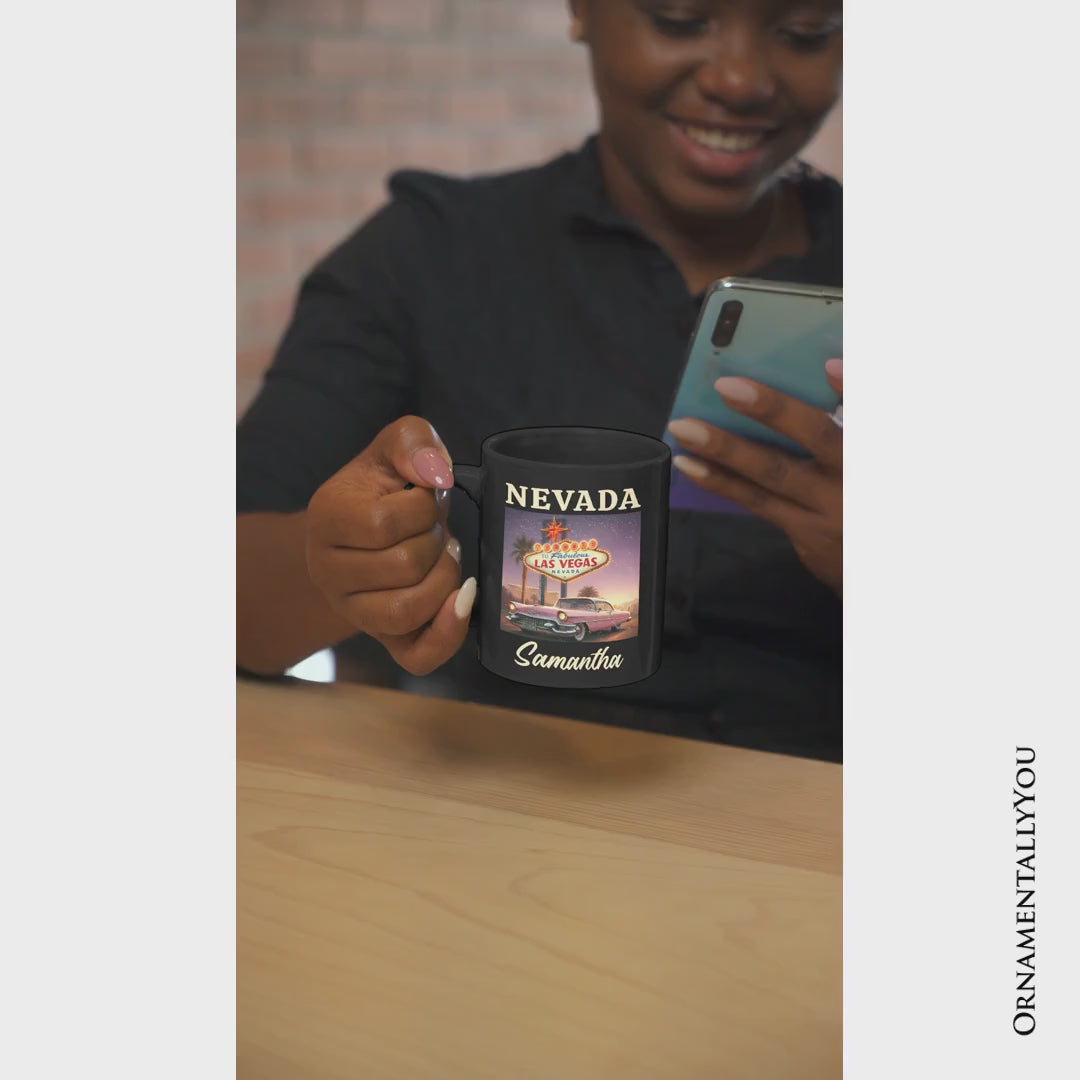 Vintage Nevada State Las Vegas Sign Personalized Mug, Retro Pink Cadillac Gift and Desert City Souvenir with Custom Name