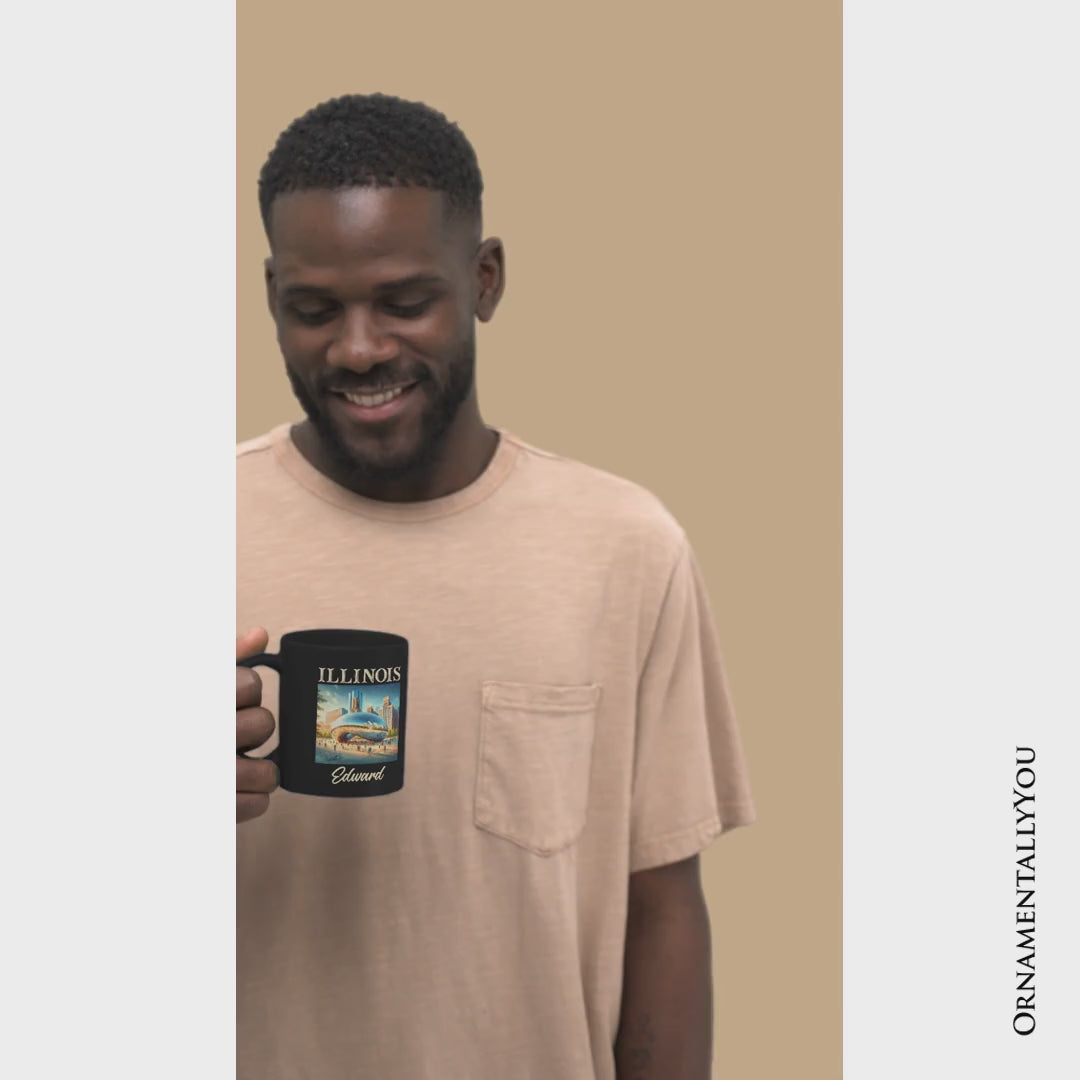 Modern Illinois State Cloud Gate Personalized Mug, Iconic Chicago Bean Gift and Urban Landmark Souvenir with Custom Name