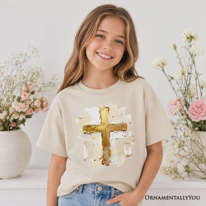 Kids Oil Brushstroke Cross T-Shirt, Christian Faith Jesus Easter Tee for Youth