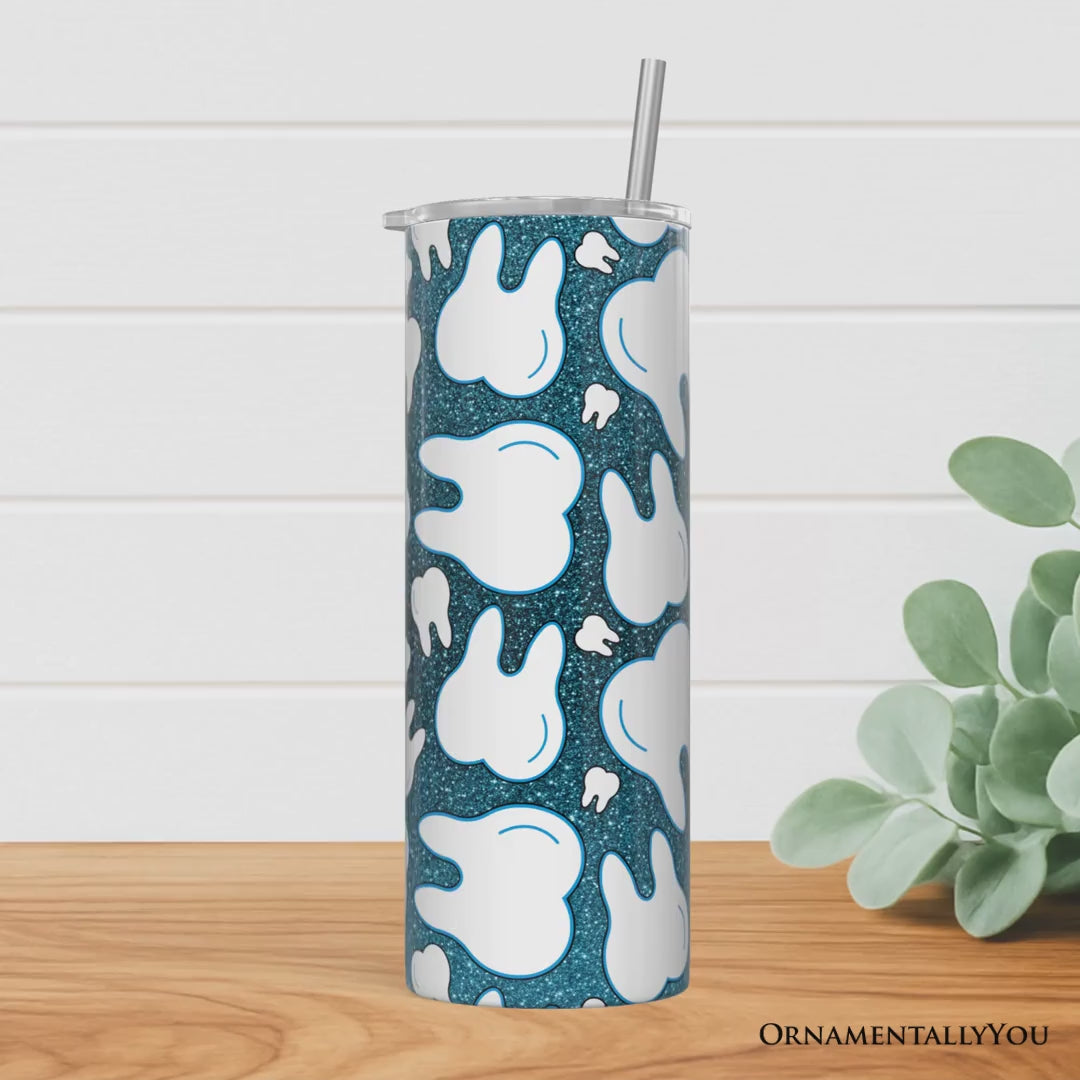 Sparkly Blue Tooth Pattern 20oz Personalized Tumbler With Lid and Stainless Steel Straw, Dental Hygienist Gift Cup