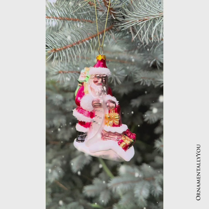 Black Santa and His List Glass Christmas Ornament, African American Tree Decor