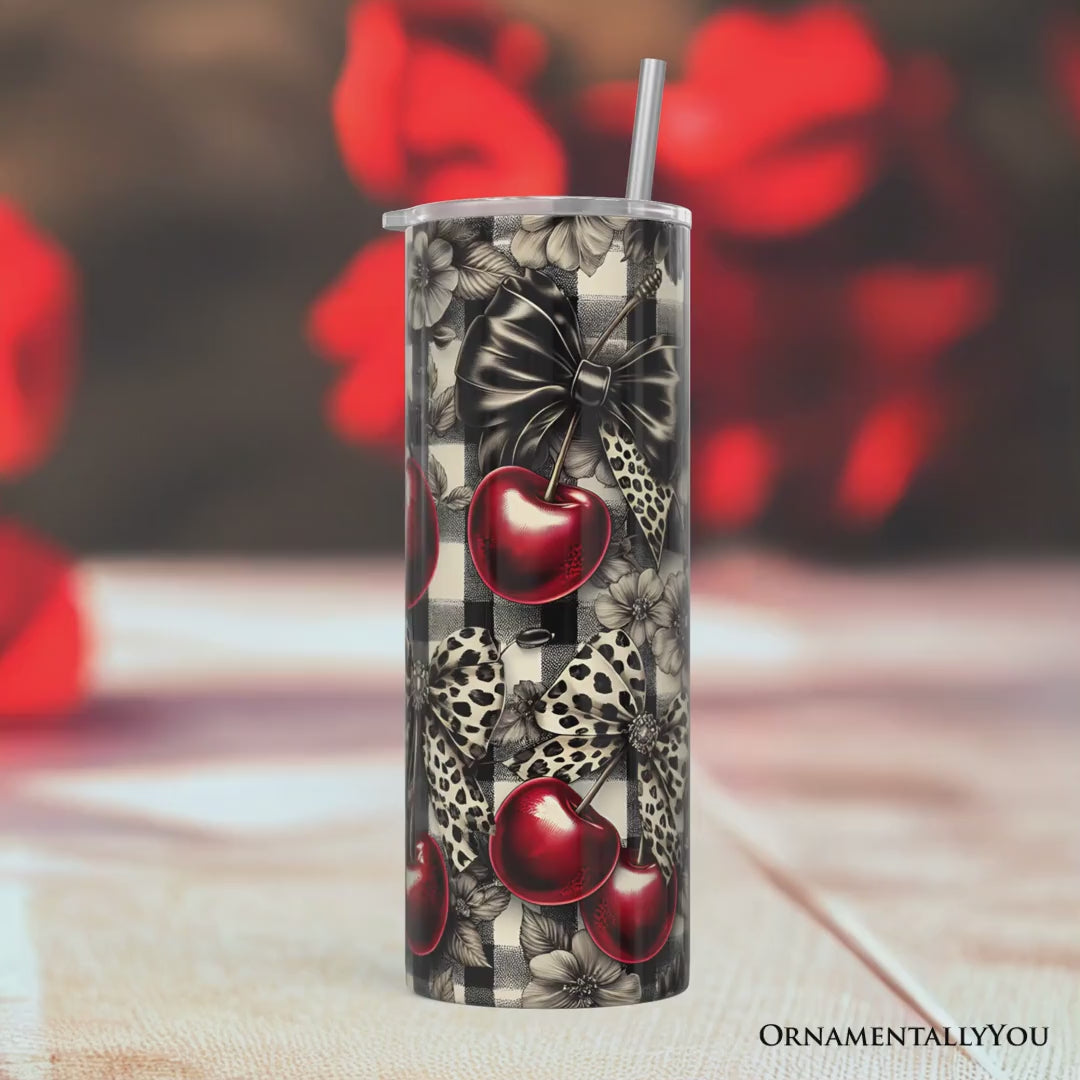 Coquette Cherries And Bows 20oz Personalized Tumbler With Lid and Stainless Steel Straw, Vintage Girly Buffalo Plaid Gift Cup