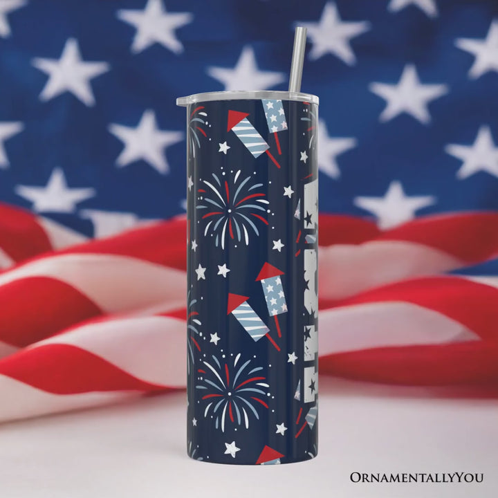 Fireworks USA Block Letters 20oz Personalized Tumbler With Lid and Stainless Steel Straw, Vintage July 4th Patriotic Gift Cup