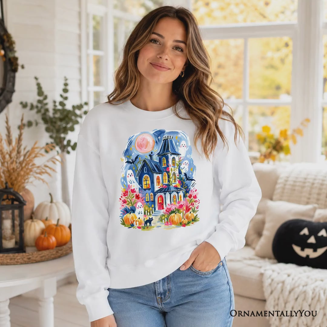 Watercolor Haunted House Sweatshirt, Colorful Ghost Pumpkin Halloween Sweater