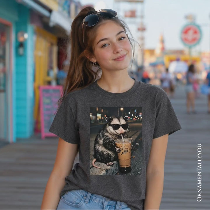 Kids Iced Coffee Opossum T-Shirt, Funny Animal Meme Youth Tee