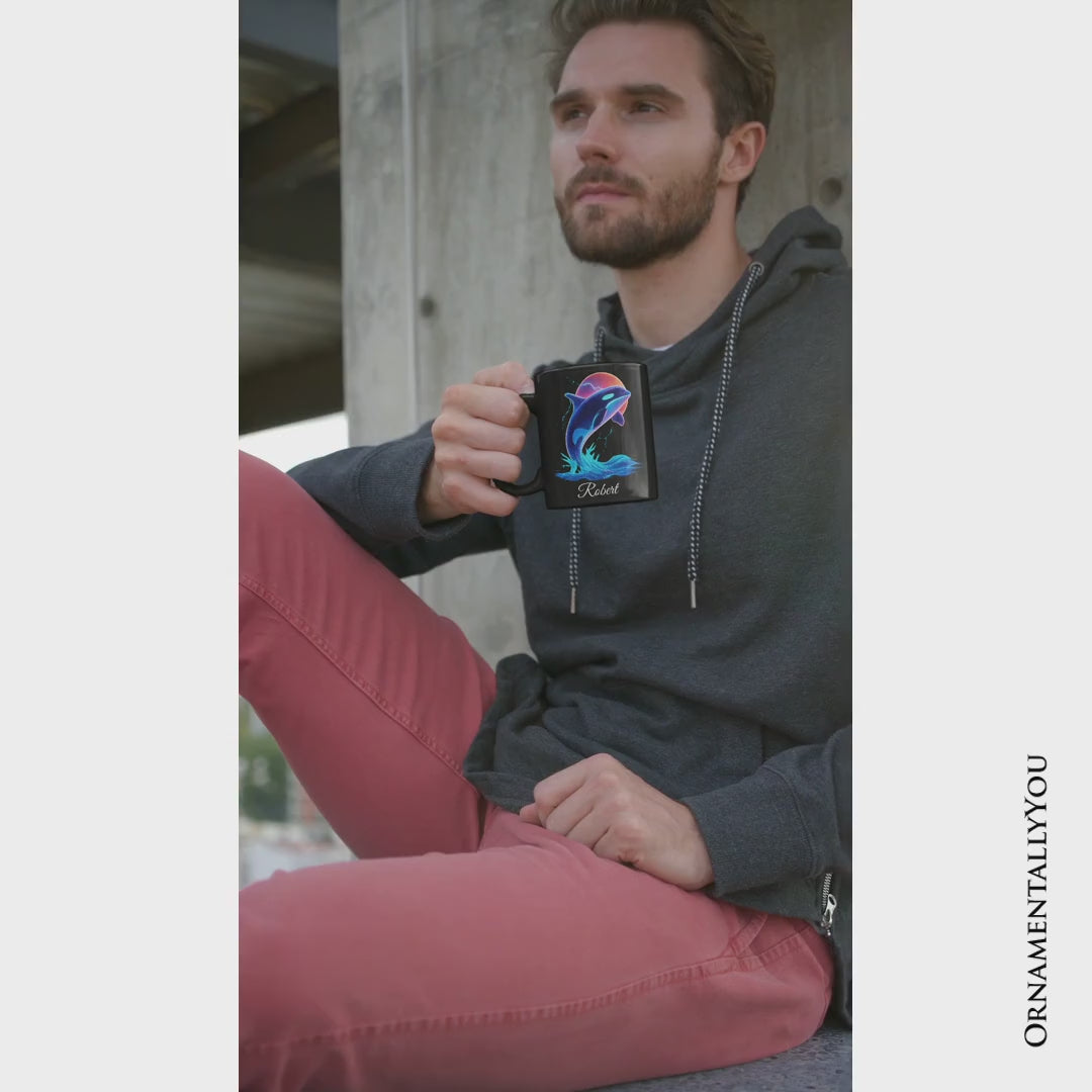 Orca Neon Synthwave Retro Personalized Mug, Vaporwave Sunset Ocean Gift with Custom Name