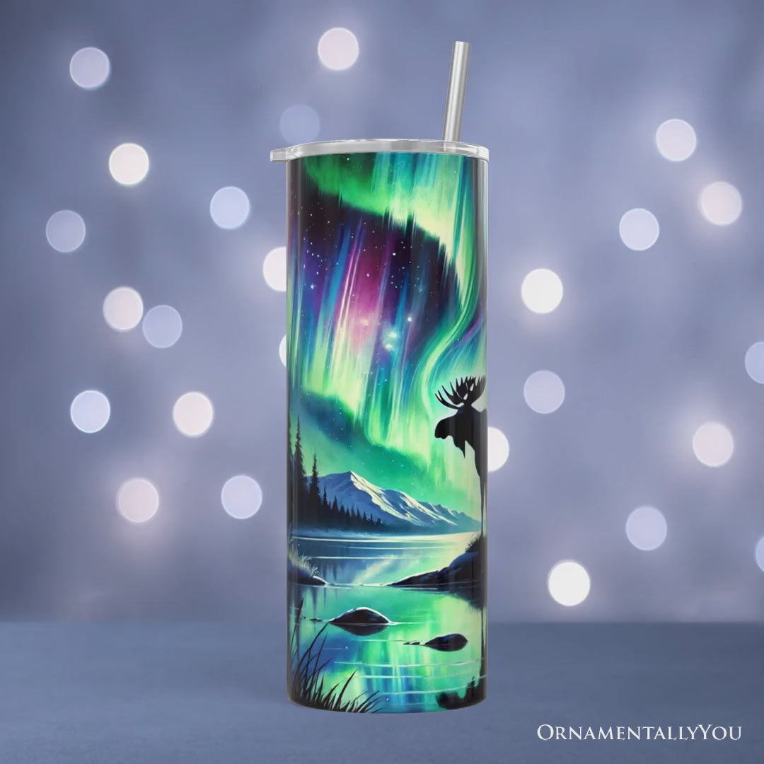 Majestic Moose Under Northern Lights 20oz Personalized Tumbler With Lid and Stainless Steel Straw, Enchanted Christmas Gift Cup