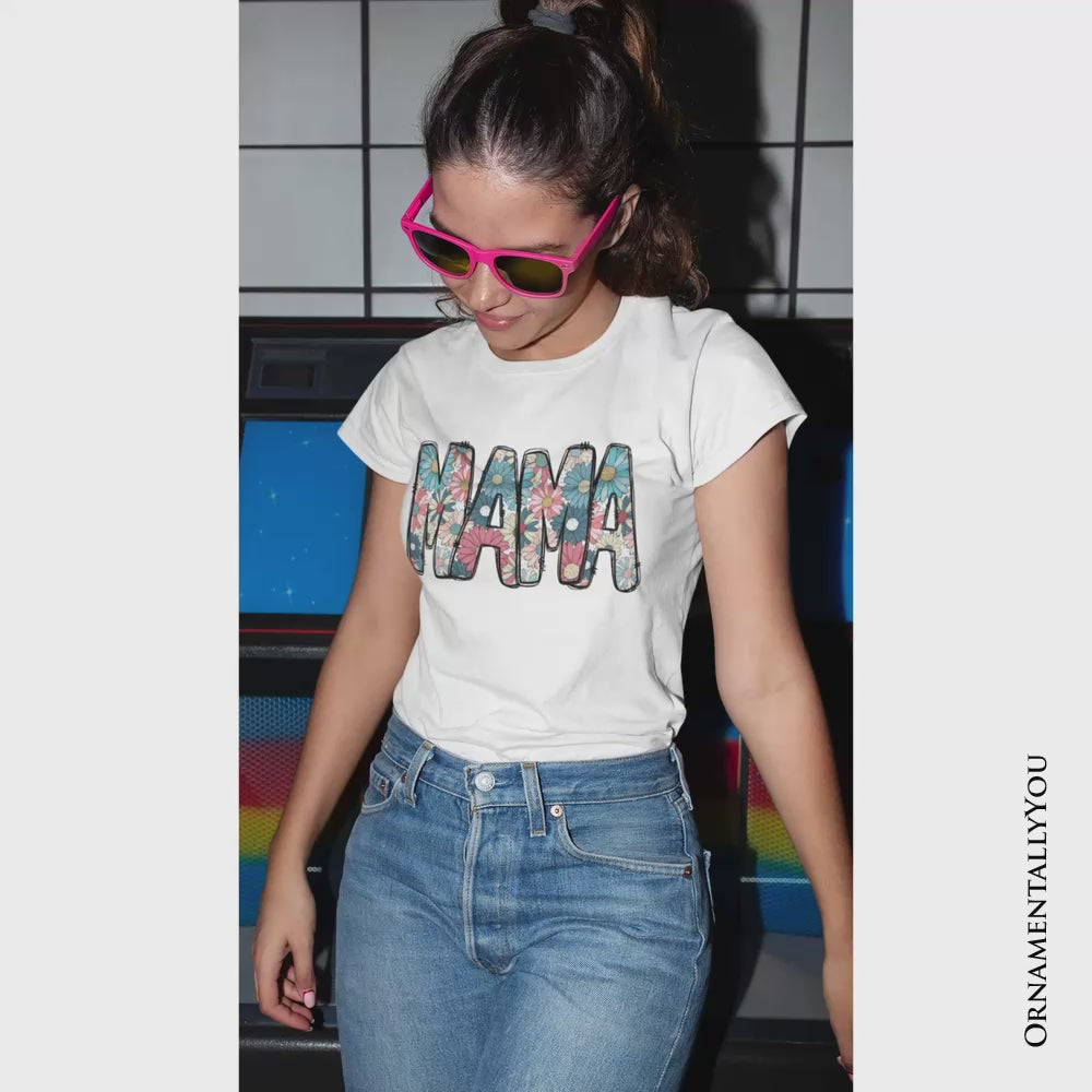 Daisy Floral Mama T-Shirt, Colorful Retro White Tee for Stylish and Cheerful Women