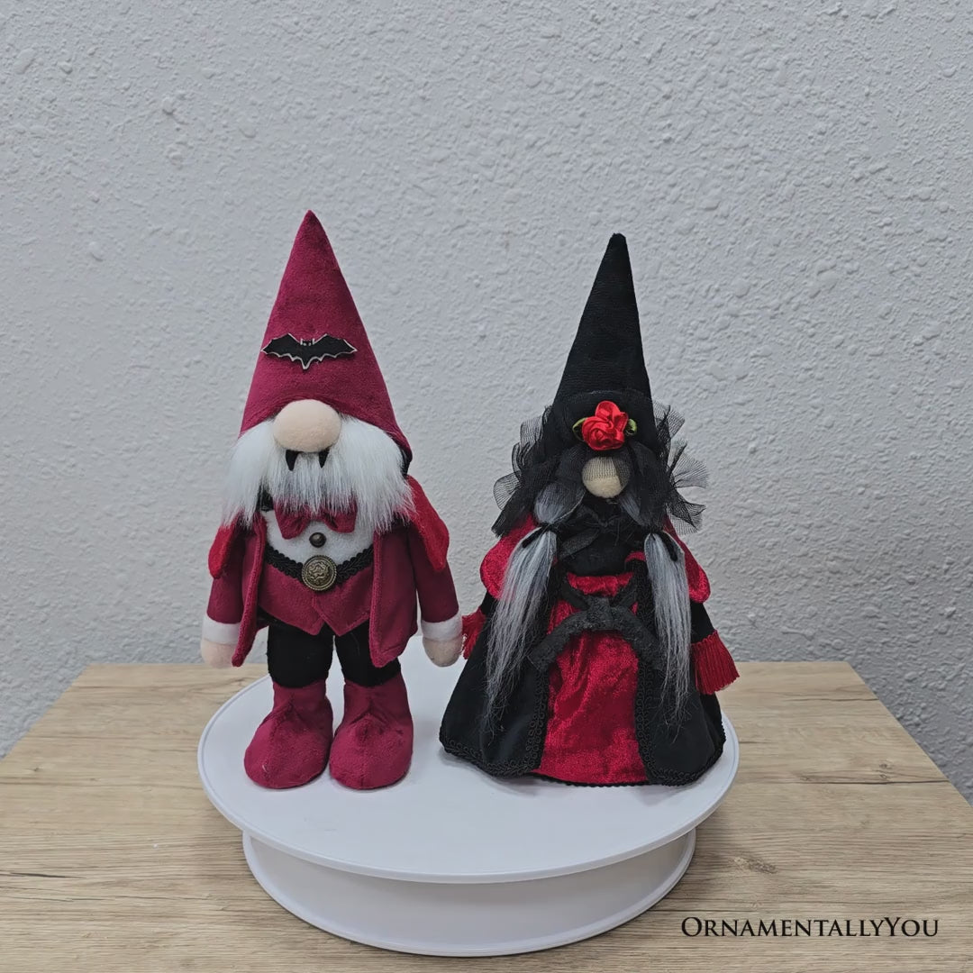 Victorian Vampire Plush Gnome Set of 2, Red and Black Gothic 11" Halloween Couple Decor