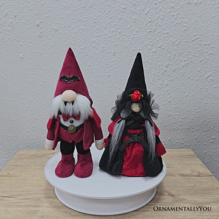 Victorian Vampire Plush Gnome Set of 2, Red and Black Gothic 11" Halloween Couple Decor